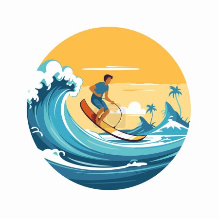 Téléchargez les illustrations : Surfeur chevauchant une vague sur la plage. Illustration vectorielle en style plat - en licence libre de droit