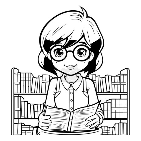 Ilustración de Niña leyendo un libro en la biblioteca vectorial blanco y negro ilustración diseño gráfico - Imagen libre de derechos
