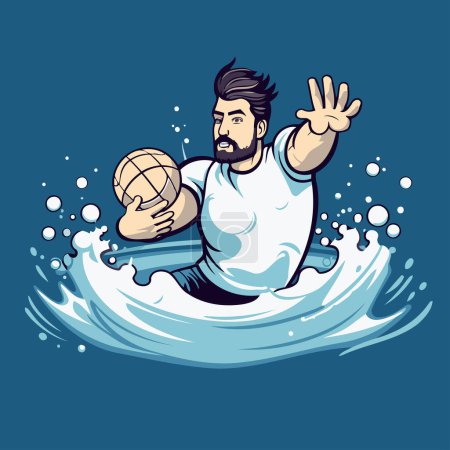 Téléchargez les illustrations : Un barbu jouant au basket sur l'eau. Illustration vectorielle dans le style dessin animé. - en licence libre de droit