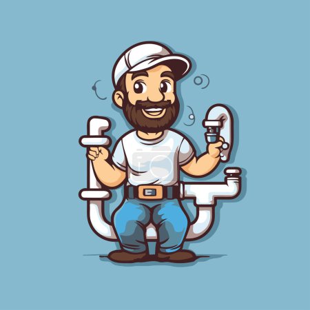 Illustration for Plumber cartoon character. Vector illustration. Isolated on blue background. - Royalty Free Image