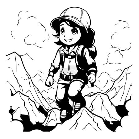 Ilustración de Chica escaladora en las montañas. Ilustración vectorial en blanco y negro. - Imagen libre de derechos
