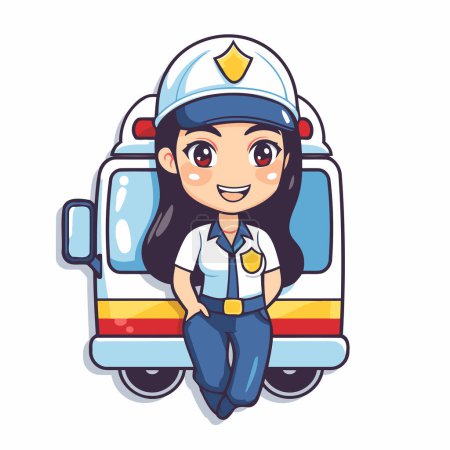 Téléchargez les illustrations : Mignon pompier dessin animé en uniforme assis sur la voiture d'ambulance. Illustration vectorielle. - en licence libre de droit