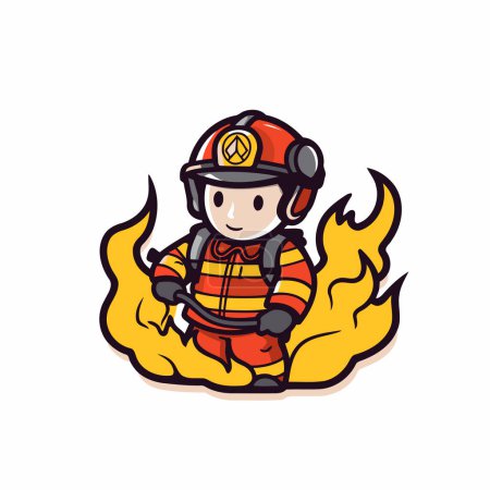 Téléchargez les illustrations : Mascotte de pompier dessin animé. Illustration vectorielle du pompier en feu. - en licence libre de droit