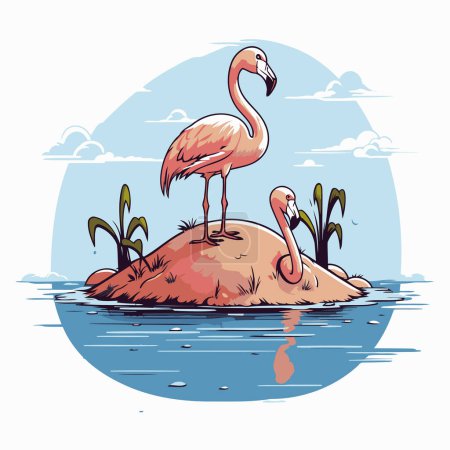 Téléchargez les illustrations : Flamant rose sur une île dans la mer. Illustration vectorielle. - en licence libre de droit