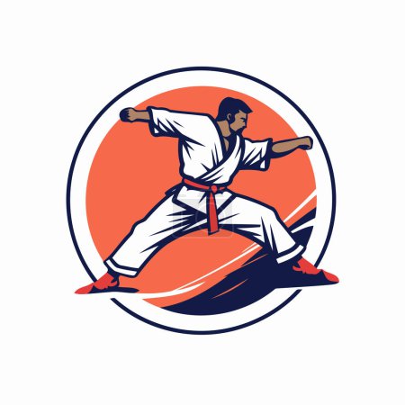 Téléchargez les illustrations : Illustration d'un entraînement de combat de taekwondo avec bras levé vu de l'avant placé à l'intérieur du cercle sur fond isolé fait dans un style rétro. - en licence libre de droit