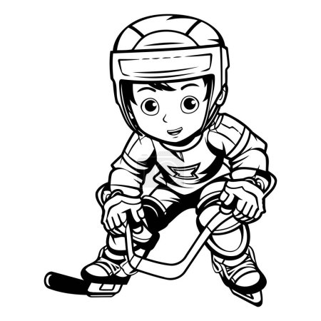 Joueur de hockey sur glace avec casque et patins. illustration vectorielle noir et blanc
