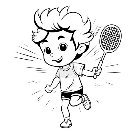 Téléchargez les illustrations : Garçon jouant au badminton Illustration de dessin animé noir et blanc. Vecteur - en licence libre de droit