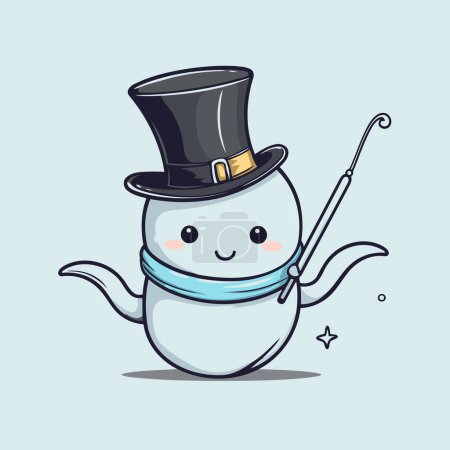 Téléchargez les illustrations : Bonhomme de neige dessin animé mignon avec chapeau et baguette. Illustration vectorielle. - en licence libre de droit