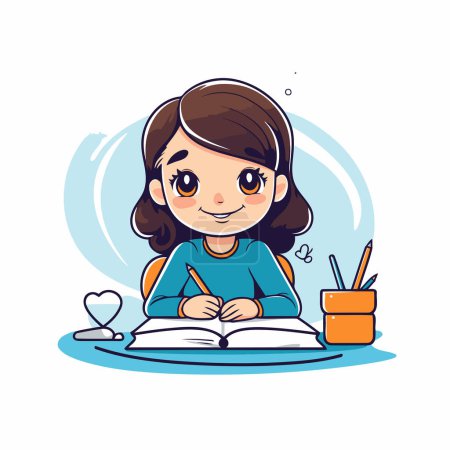 Illustration for Cute little girl doing homework. Vector illustration in cartoon style. - Royalty Free Image
