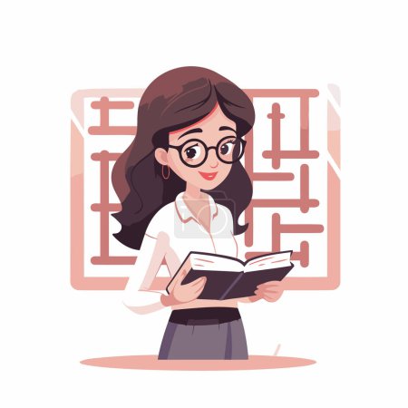 Téléchargez les illustrations : Femme d'affaires lisant un livre dans le labyrinthe. Illustration vectorielle dans le style dessin animé - en licence libre de droit