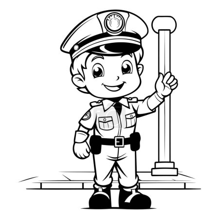 Téléchargez les illustrations : Illustration en noir et blanc d'un petit policier ou d'un policier pour un livre à colorier - en licence libre de droit