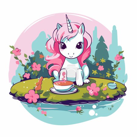 Ilustración de Lindo unicornio de dibujos animados con taza de café en el jardín. Ilustración vectorial. - Imagen libre de derechos