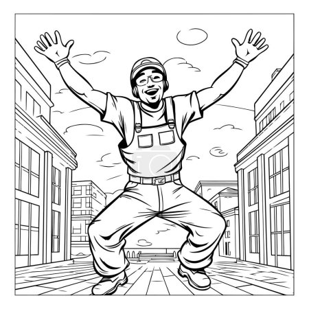 Téléchargez les illustrations : Illustration vectorielle d'un homme heureux dansant dans la rue de la ville. Grandes lignes. - en licence libre de droit
