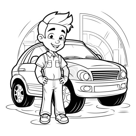 Ilustración de Ilustración de dibujos animados en blanco y negro de un adolescente con ropa de trabajo cerca de su coche - Imagen libre de derechos