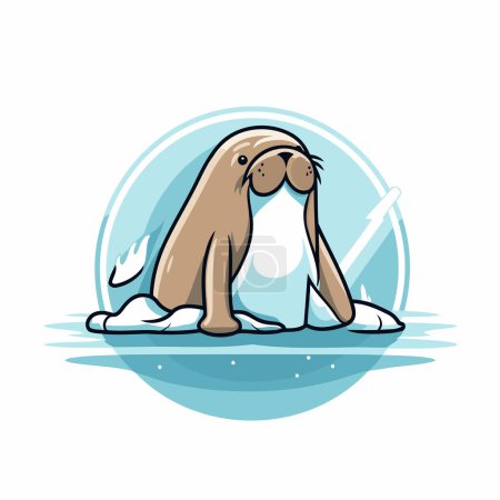 Vector illustration of cute walrus on ice. Vector illustration of sea animal.