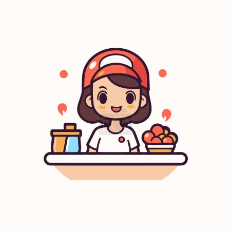 Illustration for Cute little girl cooking food in the kitchen. Vector illustration. - Royalty Free Image