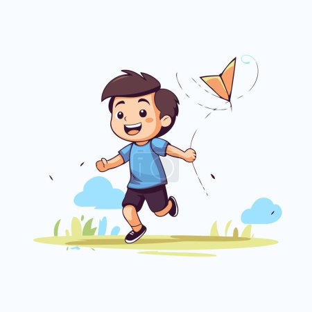 Illustration for Cute little boy running with a kite. Vector illustration. - Royalty Free Image