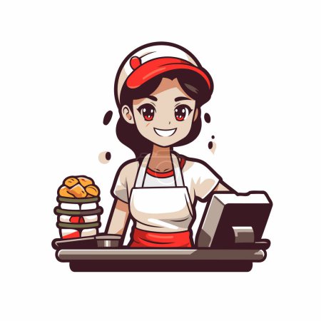 Téléchargez les illustrations : Illustration vectorielle de dessin animé d'une boulangère avec un ordinateur portable et un hamburger - en licence libre de droit