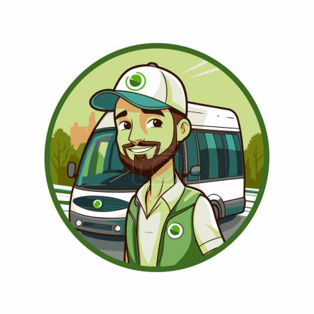 Téléchargez les illustrations : Illustration vectorielle d'un chauffeur de bus devant le bus sur une route - en licence libre de droit