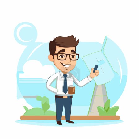 Illustration for Businessman with pen pointing at wind turbine. Vector flat cartoon illustration - Royalty Free Image