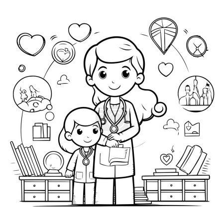 Mother and daughter in hospital. Coloring book. Vector illustration.