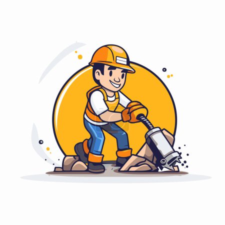 Illustration for Cartoon construction worker in helmet with drill. Vector illustration. Flat design. - Royalty Free Image