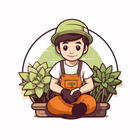 Illustration for Cute gardener sitting in flower pot and holding plant. Vector illustration. - Royalty Free Image