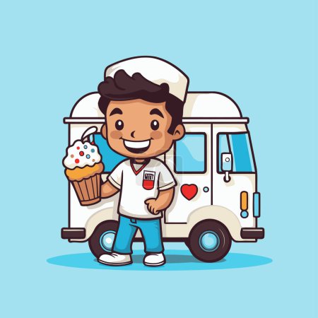 Téléchargez les illustrations : Chef mignon avec camion de crème glacée et dessin vectoriel d'illustration cupcake - en licence libre de droit