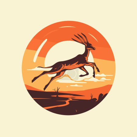 Téléchargez les illustrations : Silhouette de gazelle sur fond de coucher de soleil. Illustration vectorielle dans un style rétro. - en licence libre de droit