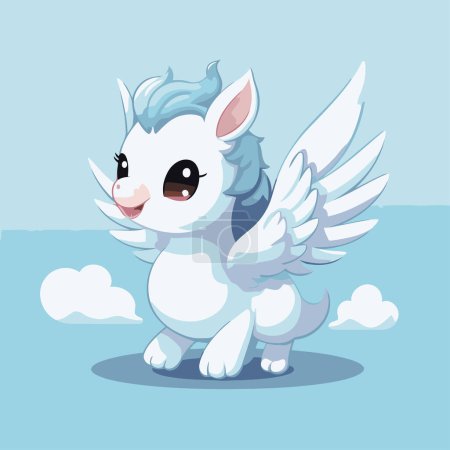 Illustration for Cute cartoon unicorn with wings on sky background. Vector illustration. - Royalty Free Image