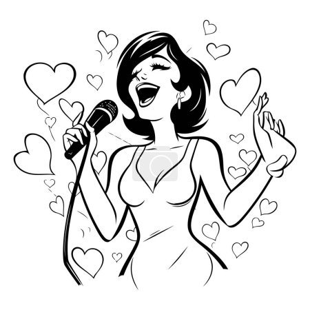 Illustration for Beautiful girl singing karaoke with hearts. Vector illustration. - Royalty Free Image