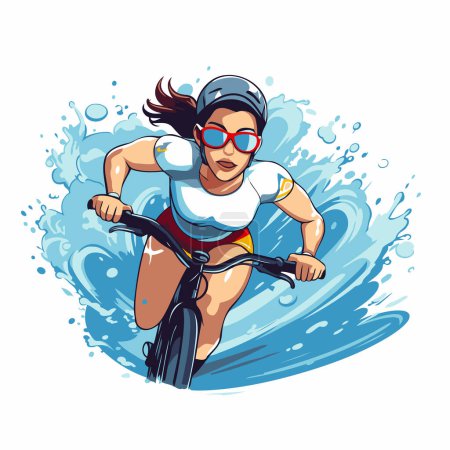 Illustration for Sportswoman riding on a bicycle in the water. vector illustration - Royalty Free Image
