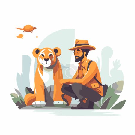 Téléchargez les illustrations : Illustration vectorielle de deux hommes en vêtements de safari assis sur le sol et regardant le panda - en licence libre de droit