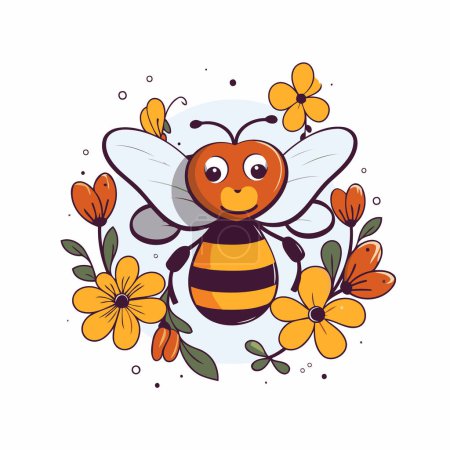 Téléchargez les illustrations : Jolie abeille de dessin animé avec des fleurs. Illustration vectorielle sur fond blanc. - en licence libre de droit