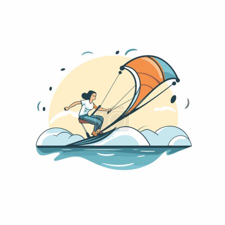 Ilustración de Kitesurf deporte vector ilustración. Hombre montando una cometa en las olas - Imagen libre de derechos