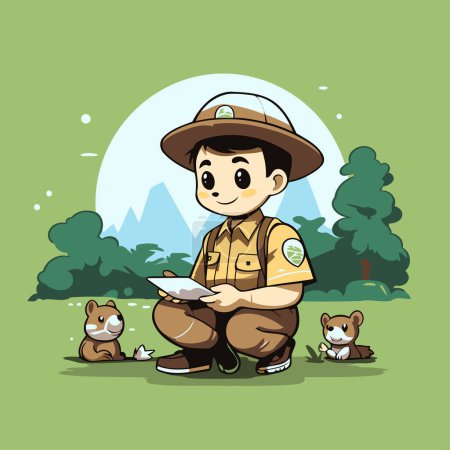Illustration for Illustration of a boy in a safari outfit with his dog - Royalty Free Image