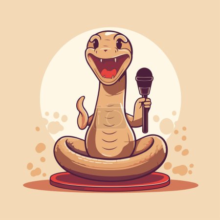 Téléchargez les illustrations : Joli serpent chantant du karaoké. Illustration vectorielle de personnage de dessin animé. - en licence libre de droit