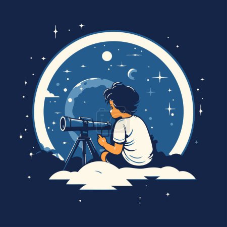 Ilustración de Niño mirando a través de un telescopio en el cielo nocturno. Ilustración vectorial. - Imagen libre de derechos