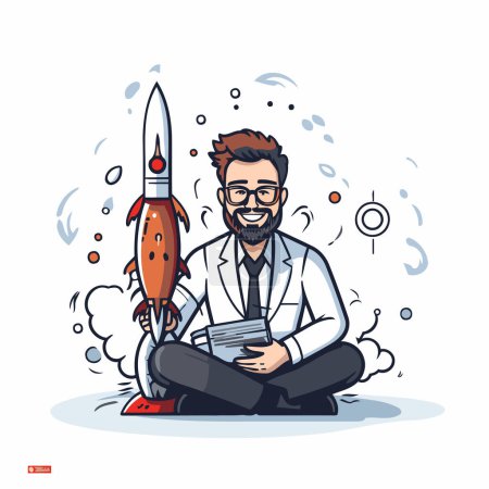 Illustration for Vector illustration of businessman sitting with rocket on white background. Line art style design for web. site. advertising. banner. poster. board and print. - Royalty Free Image