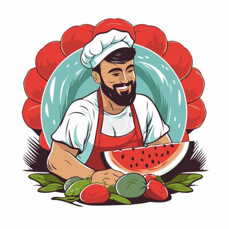 Téléchargez les illustrations : Illustration vectorielle d'un chef masculin avec une pastèque à la main - en licence libre de droit