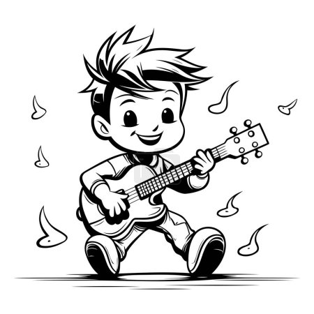 Téléchargez les illustrations : Boy Playing Guitar - Illustration de bande dessinée en noir et blanc. Clip Art - en licence libre de droit