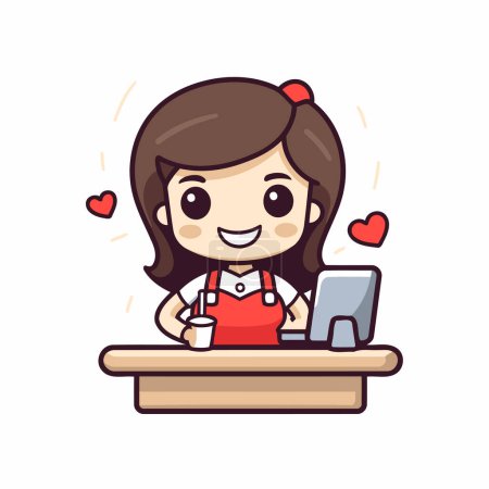 Téléchargez les illustrations : Jolie fille en utilisant un ordinateur portable au café. Illustration vectorielle de personnage de dessin animé. - en licence libre de droit