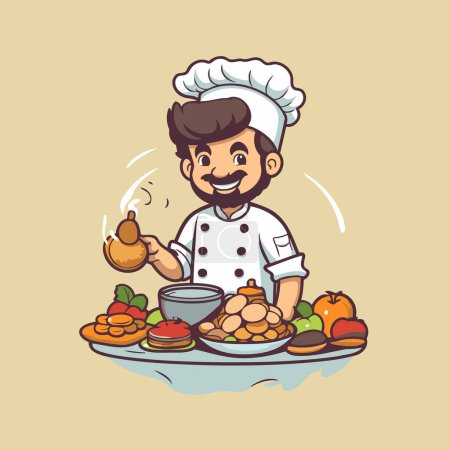 Téléchargez les illustrations : Chef avec une assiette de nourriture. Illustration vectorielle dans le style dessin animé - en licence libre de droit