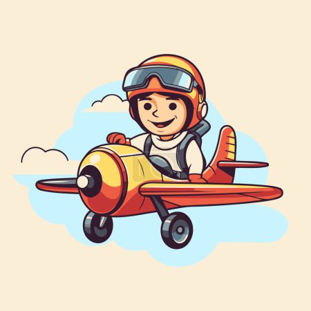 Téléchargez les illustrations : Petit garçon pilote dans un casque avec un avion jouet. Illustration vectorielle. - en licence libre de droit