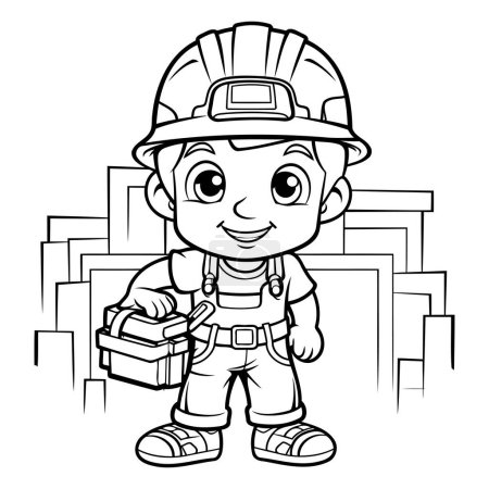 Ilustración de Ilustración de dibujos animados en blanco y negro de lindo personaje de trabajador de construcción de niño para colorear libro - Imagen libre de derechos