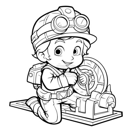 Illustration for Black and White Cartoon Illustration of Cute Little Boy or Kid Boy Character as a Fireman or Fireman for Coloring Book - Royalty Free Image