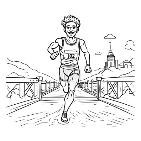 Illustration for Athlete running on the bridge. Black and white vector illustration. - Royalty Free Image