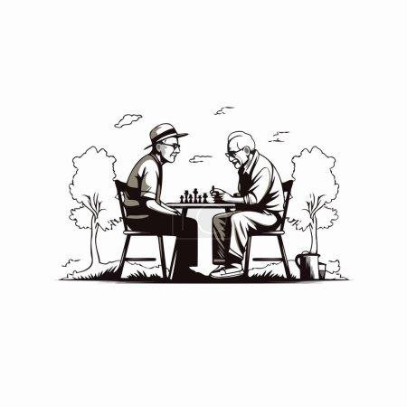 illustration of two senior men playing chess in the park on white background