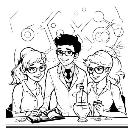 Illustration for Black and white illustration of a group of students studying in a chemistry class - Royalty Free Image