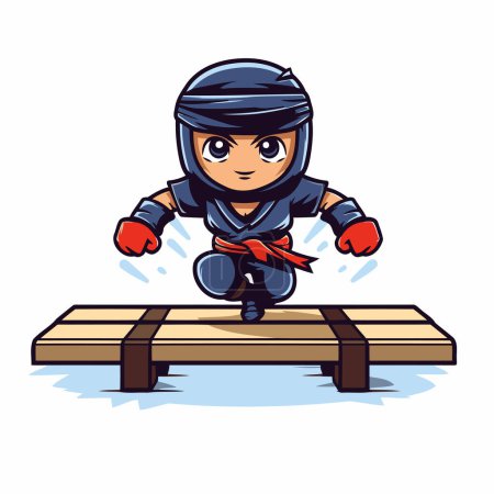 Illustration for Kung fu girl on a wooden pallet. Cartoon vector illustration. - Royalty Free Image